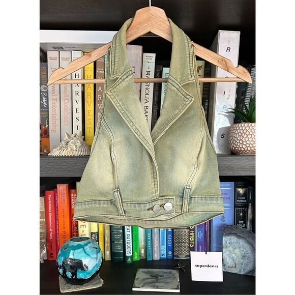 NWT Revolve Superdown Cindy Denim Halter Top In Green Wash Size Small - Picture 1 of 8